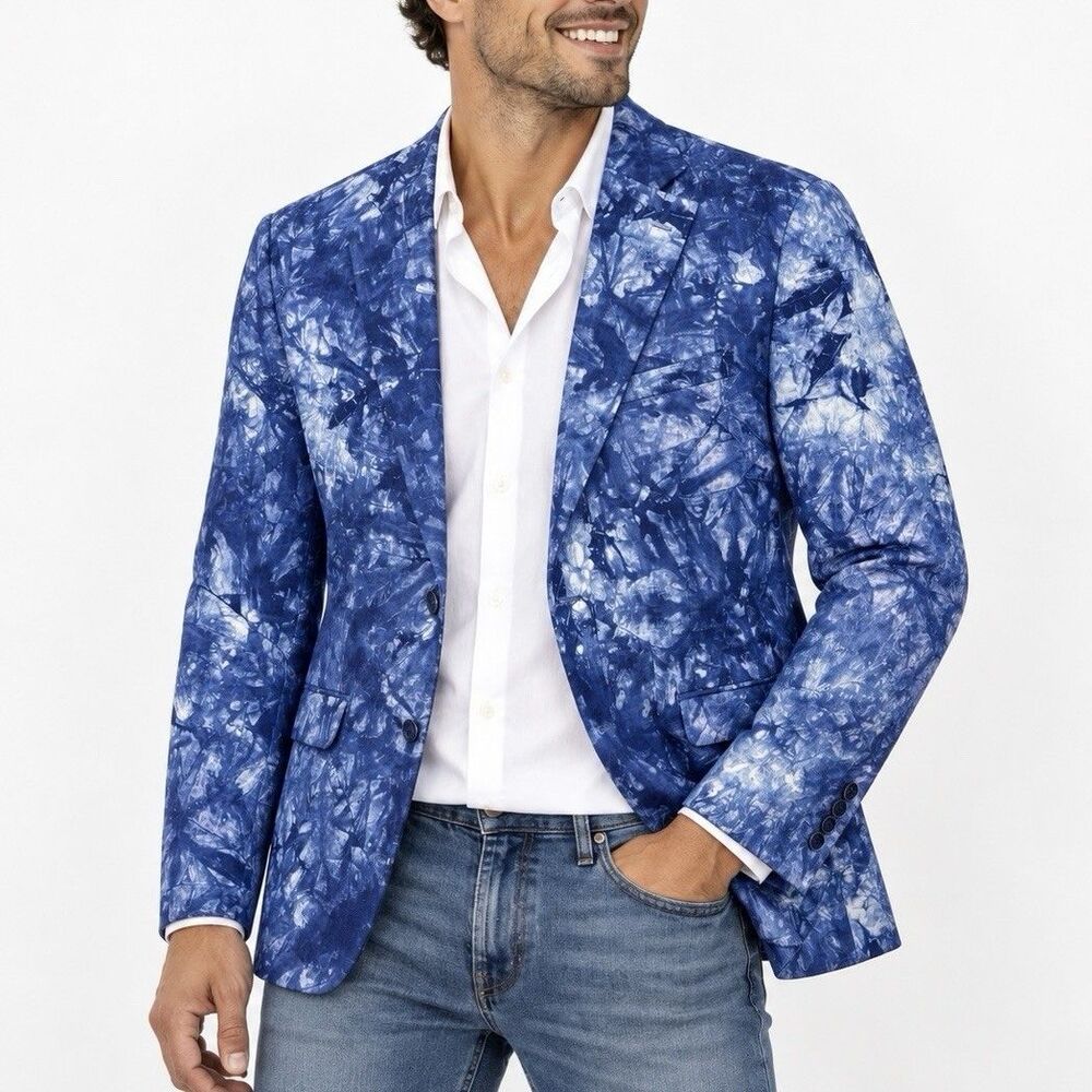 Tallia Mens Blazer Size M Blue White Tie Dye 100% Linen Sport Coat